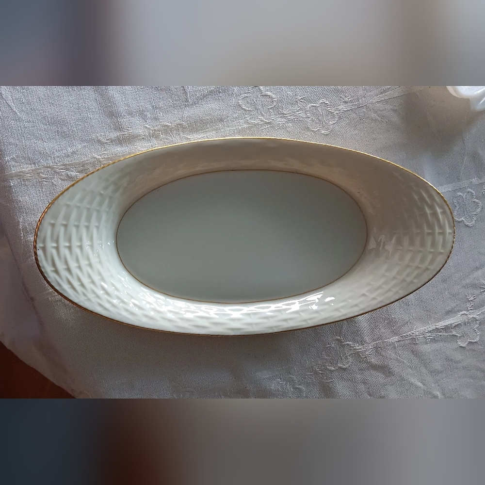 Vintage Lenox USA, 1950s Bread Serving Tray, Bone China, Basket Weave, Gold Trim